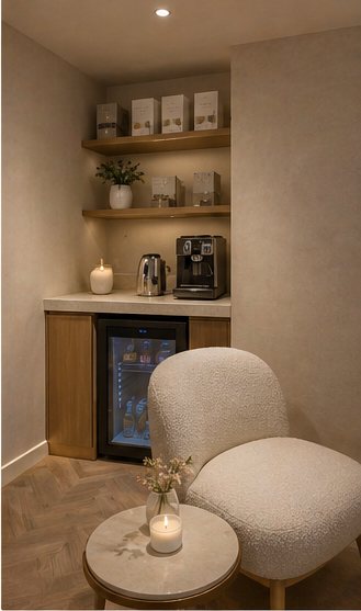 Aurora Luxe coffee and tea station with boucle chair