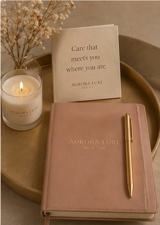 Aurora Luxe branded notebook and signature candle