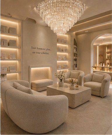 Aurora Luxe Med Spa lounge with crystal chandelier