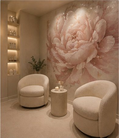Consultation lounge with hand-painted peony wall