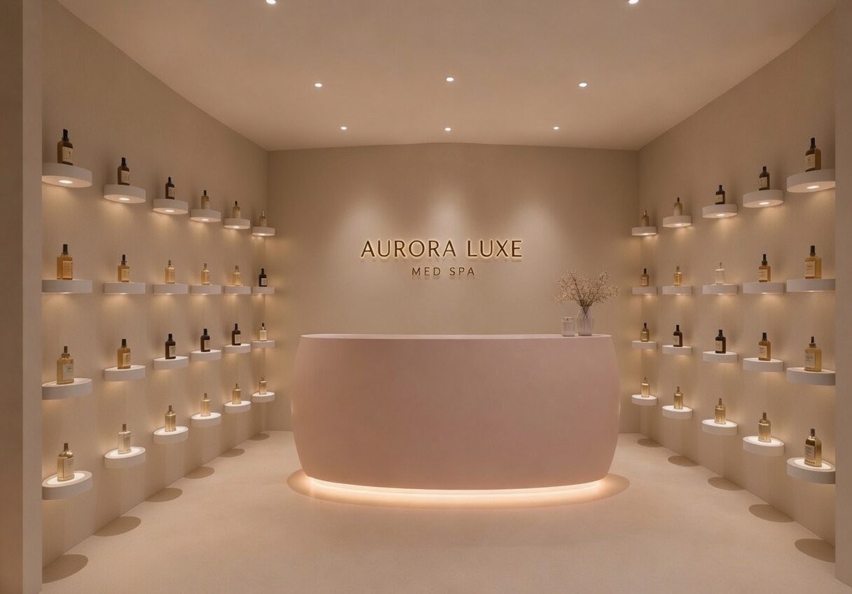 Aurora Luxe Med Spa reception with illuminated bottle wall, floating LED staircase, and AURORA LUXE wordmark