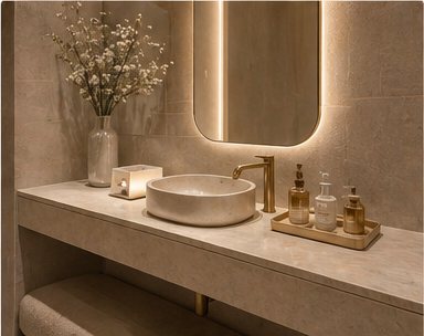 Vanity with brass fixtures and stone vessel sink